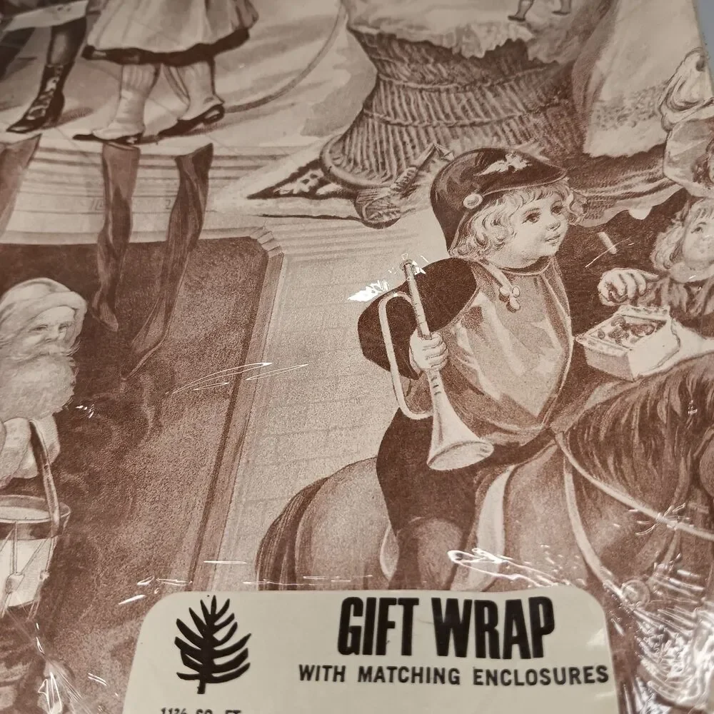 2 Packs VTG Sepia Tone Christmas Wrapping Paper Santa Elves 20x28 W/ Gift Tags